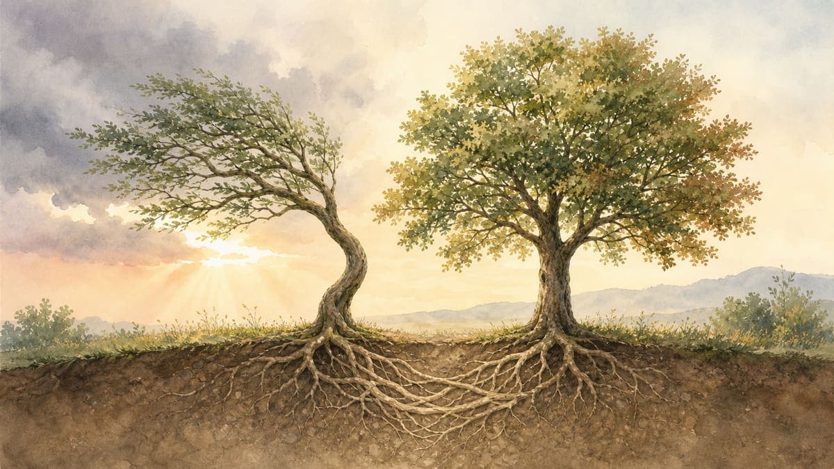 Two trees growing from one connected root system, one bent by a storm and one weathered by many seasons