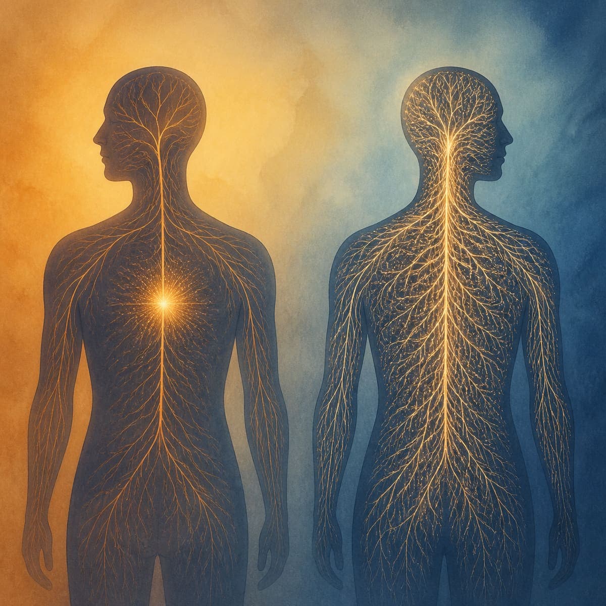 Two nervous-system silhouettes side by side, one with a single bright spark and one with many fine sustained lines, an amber-to-blue illustration contrasting single-event and prolonged trauma