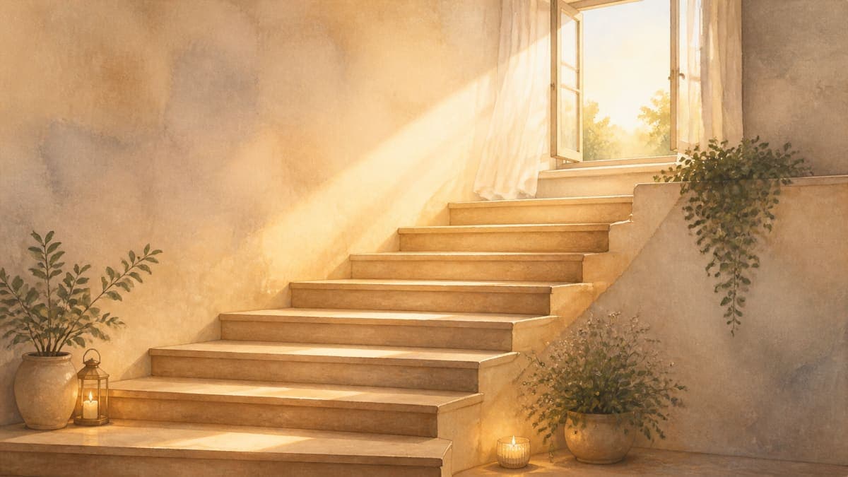 A gentle staircase rising through soft light toward an open window, representing the steady, phased pace of complex trauma healing