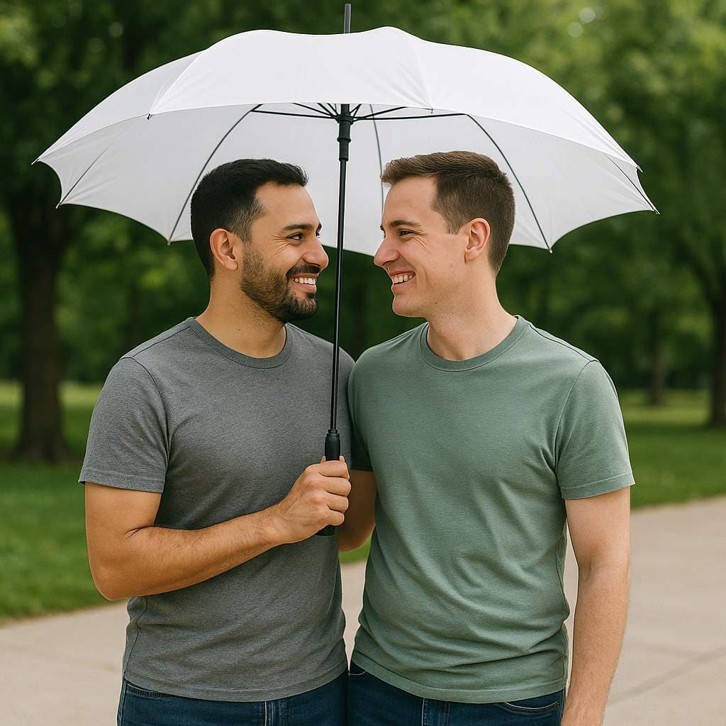 Two smiling men under a white umbrella in a park, wearing gray and green shirts. Lush trees in the background create a serene mood.