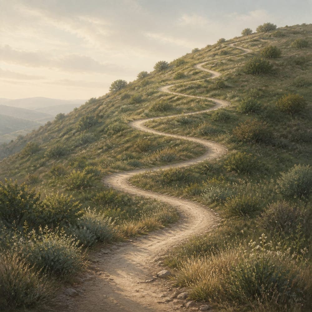 A loose spiral path curving back on itself but moving outward, representing the nonlinear path of trauma recovery