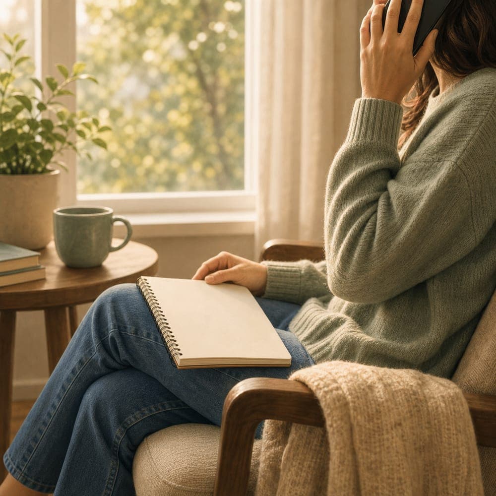 A person on a consultation call by a window with a notebook in their lap, calmly interviewing a trauma therapist