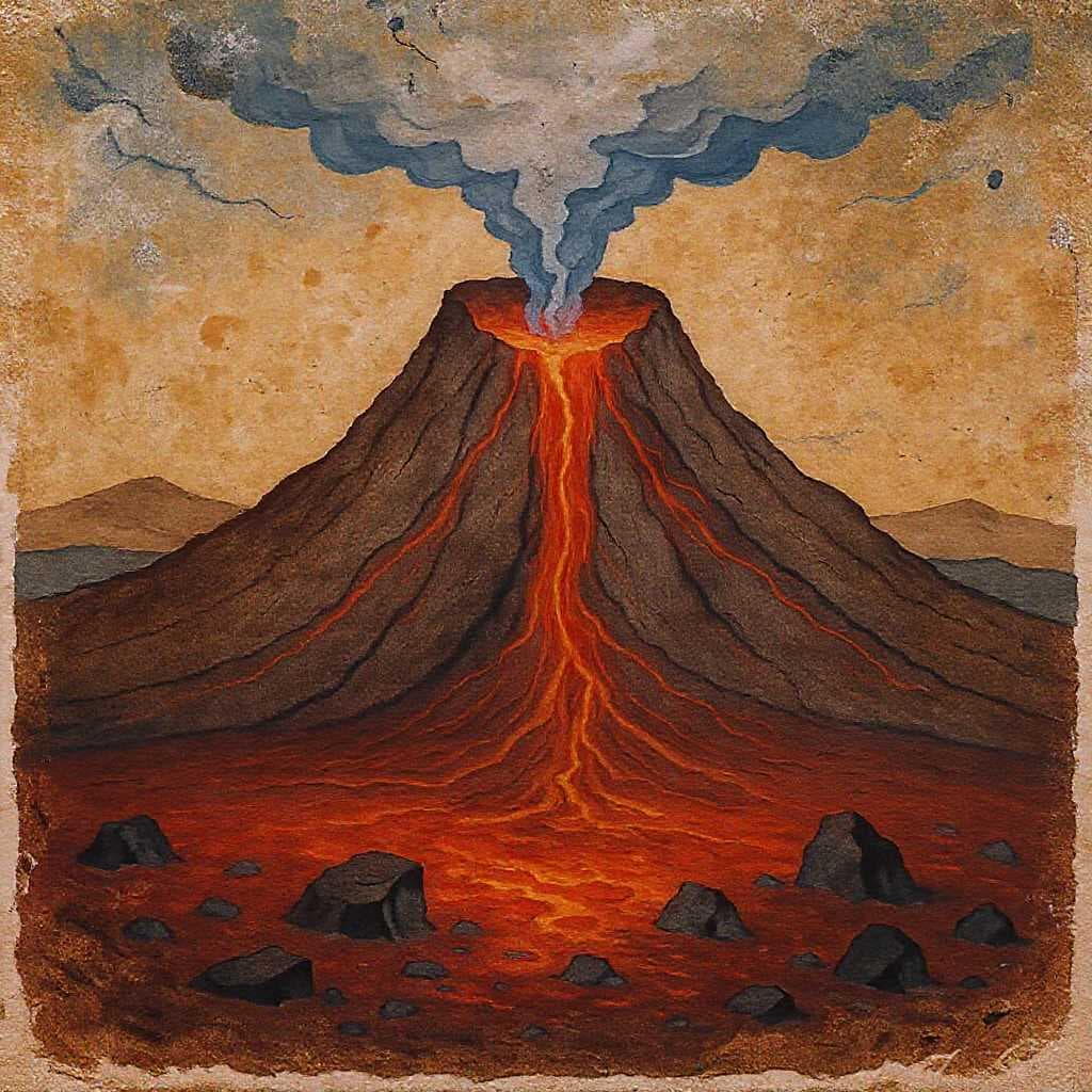 Illustration of an erupting volcano with flowing red lava and dark smoke against a brownish backdrop, creating a dramatic scene.