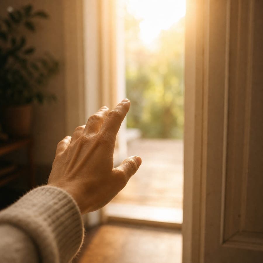A hand reaching toward a softly glowing doorway, representing taking the next step toward trauma-focused therapy
