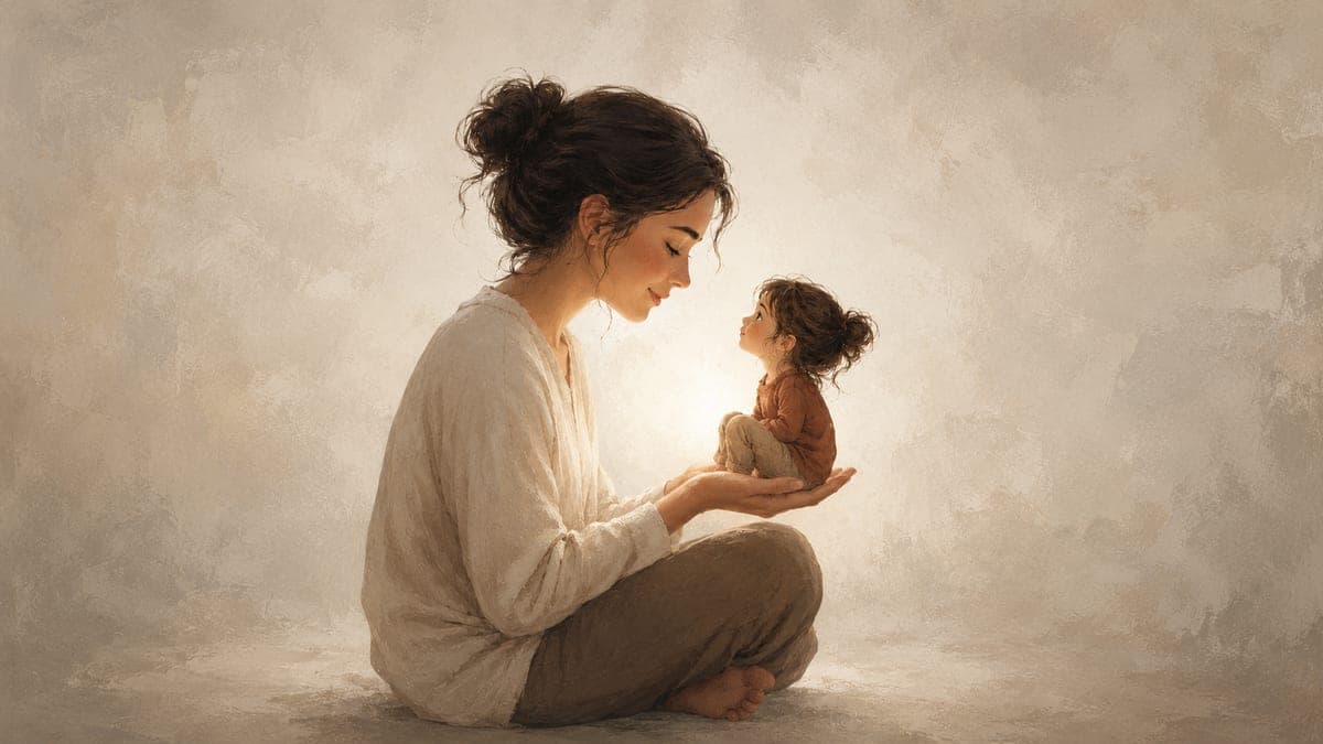 An adult sitting calmly by a sunlit window holding a warm mug, a grown-up at peace after healing old childhood wounds