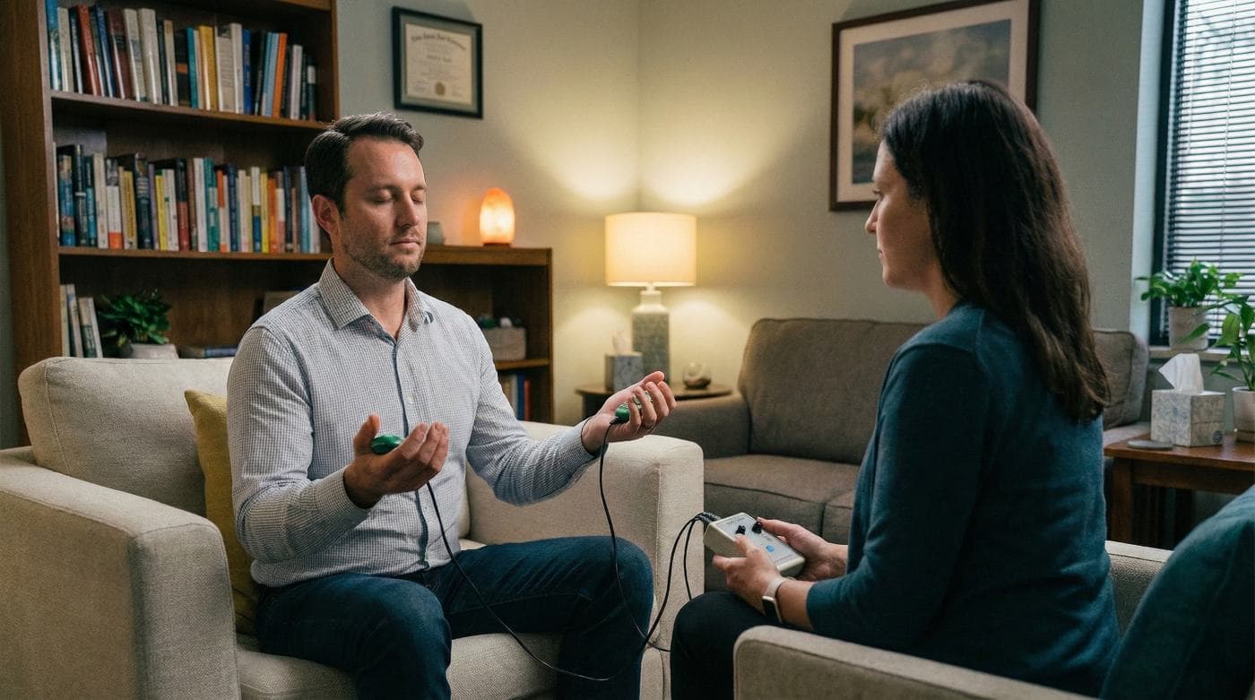A man and woman sit in a cozy room. The man holds sensors in each hand, eyes closed. Books and a lit lamp decorate the background.