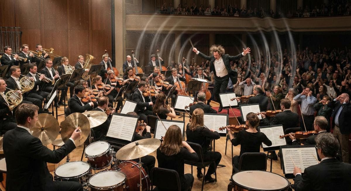 Conductor energetically leads an orchestra in a concert hall, with musicians playing and audience clapping. Elegant setting, lively mood.