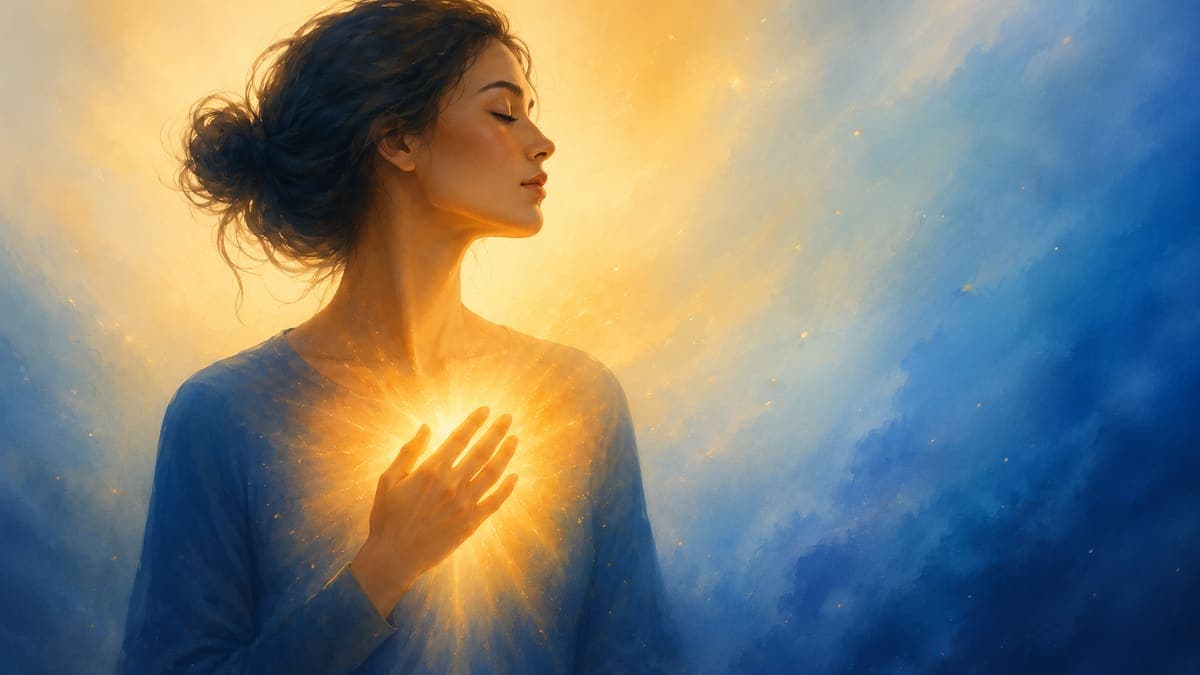 A person at a rain-streaked window at dawn, shoulders just starting to drop from a braced posture, soft amber light, representing early recovery from unresolved trauma