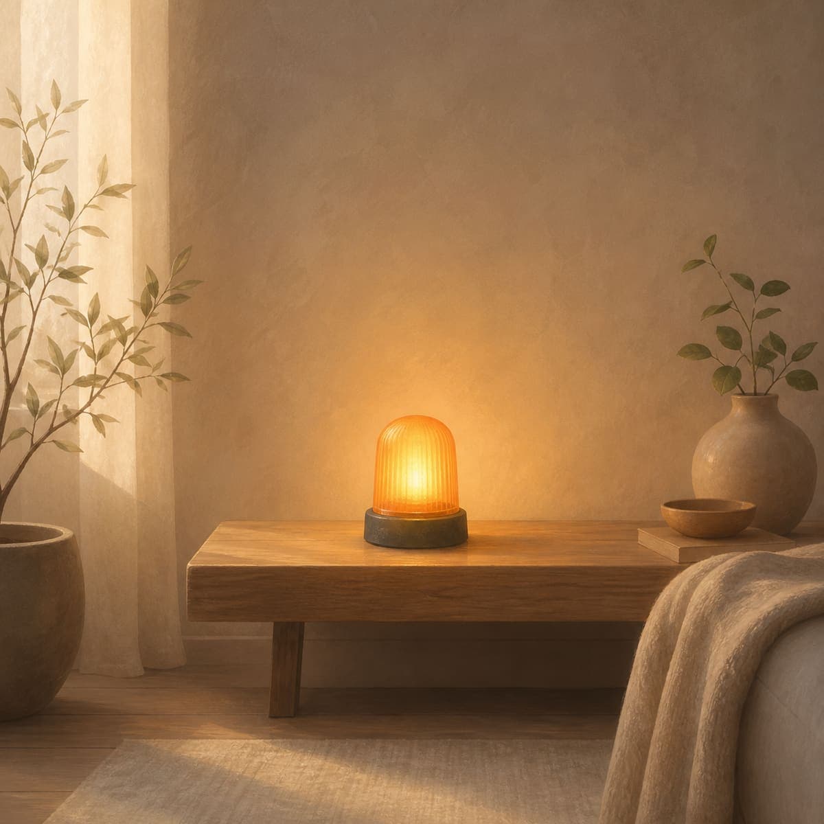 A calm room with a single softly glowing alarm light, a warm and minimal illustration of an over-sensitive nervous-system alarm system after trauma
