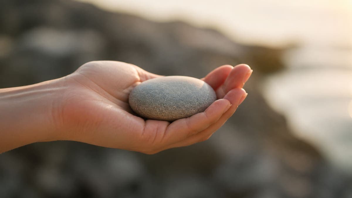 A hand holding a smooth stone in warm sunlight, representing a simple grounding practice during trauma recovery