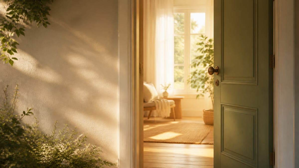 A calm, softly lit therapy room with two comfortable chairs angled toward each other and a window with warm morning light, an inviting and safe space for a first trauma therapy session