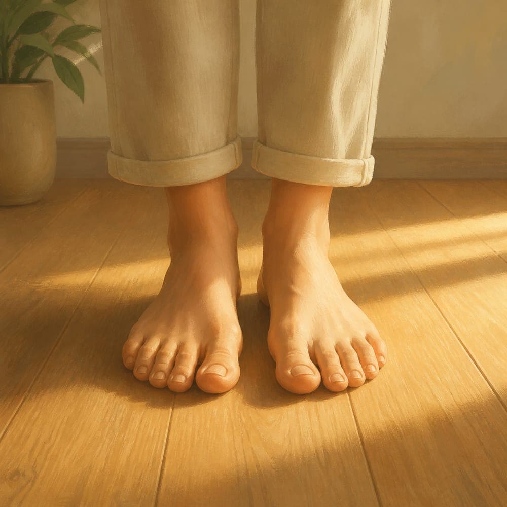 Bare feet resting flat on a wood floor in warm light, a simple grounding practice during trauma recovery
