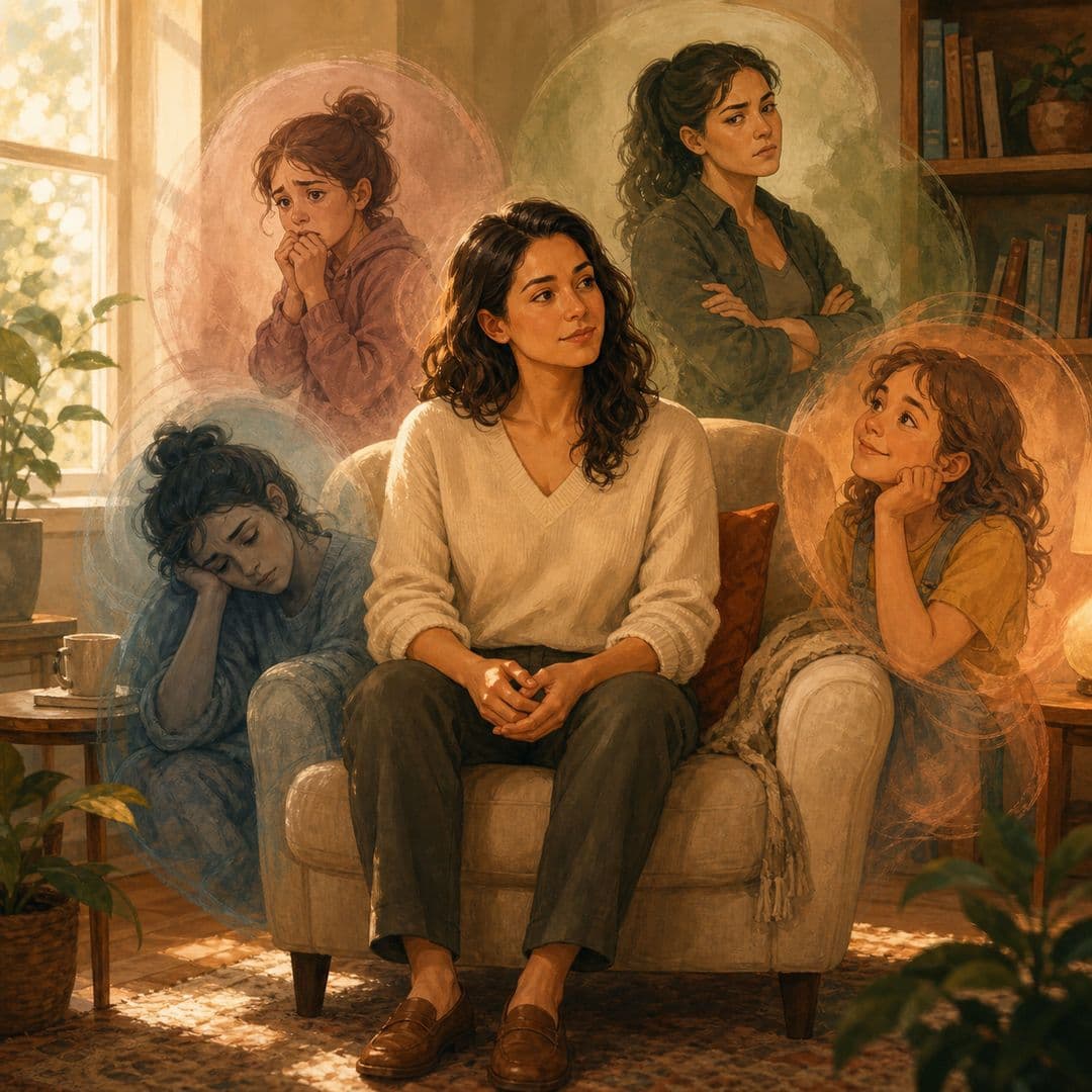 Illustration of a calm meditating woman surrounded by different inner parts, representing Internal Family Systems therapy